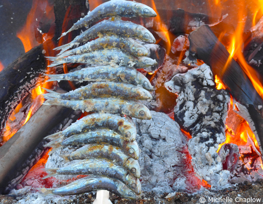 Espeto is a traditional way of cooking freshly-caught sea fish, most often sardines. © Michelle Chaplow