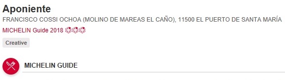 Aponiente's listing in the Michelin online guide, showing the pescatarian restaurant's coveted three-star ranking.