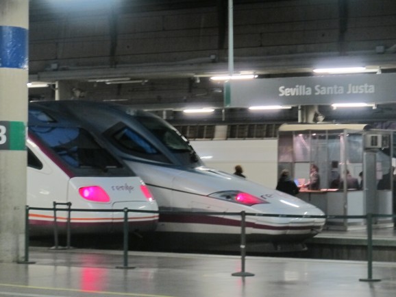 Just along the platform from the exhibition at Santa Justa station, we saw this real-life AVE high-speed train. They travel at up to 300km/h. Just along the platform from the exhibition at Santa Justa station, we saw this real-life AVE high-speed train. They travel at up to 300km/h.