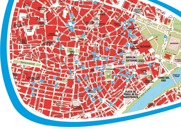 Map of Seville showing locations of bars offering tapa and sherry pairings. Map of Seville showing locations of bars offering tapa and sherry pairings.