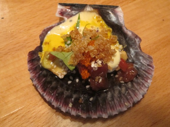 Colourful, delicious 'Tuna Nikkei' - blue-fin tuna belly with avocado, flying-fish roe, quinoa and leche de tigre. Colourful, delicious 'Tuna Nikkei' - blue-fin tuna belly with avocado, flying-fish roe, quinoa and leche de tigre.