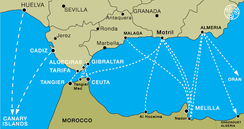 Map of all the ferry routes from Andalucia to North Africa and Canary Islands ©andalucia.com