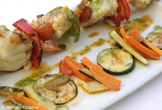 Grilled monk fish and king prawn kebabs with seasons vegetables © Michelle Chaplow .