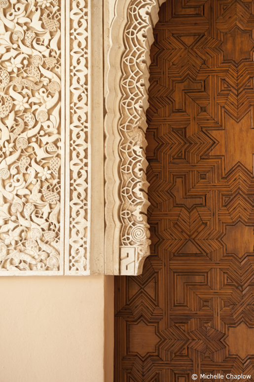 The hand crafted stone carvings and woodwork are a joy to view. Such a fine example of Muslim Architecture  © Michelle Chaplow .