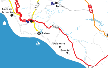 Maps of Bolonia in the Cadiz province, Costa de la Luz, Andalucia, Spain