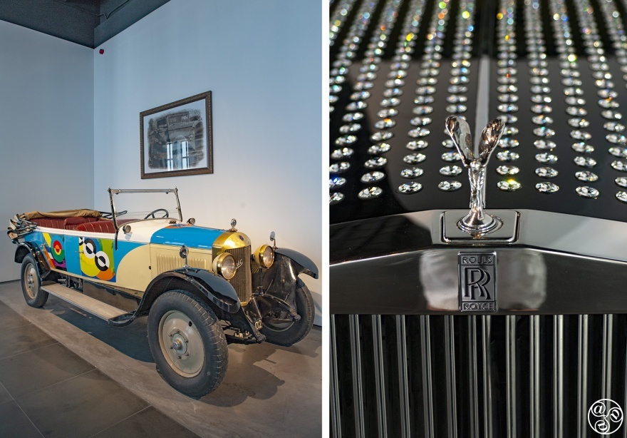 A 1920 4cil 12cv-hp Unic in Sonia Delaunay style and Rolls-Royce customised with Swarovski crystals.  