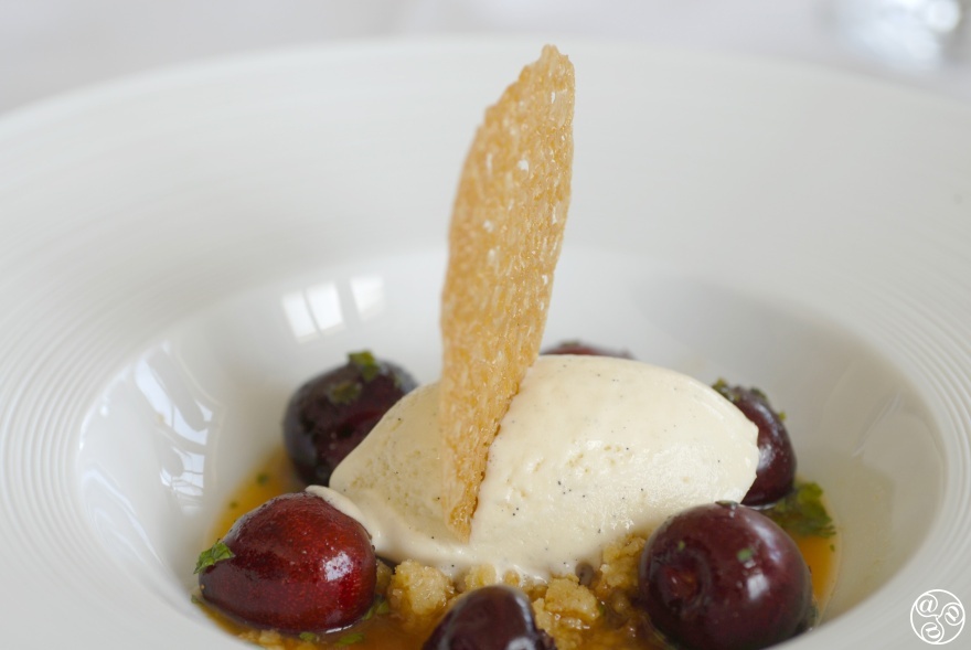 Marinated cherries with crumble, yogurt foam and vanilla ice cream © Michelle Chaplow