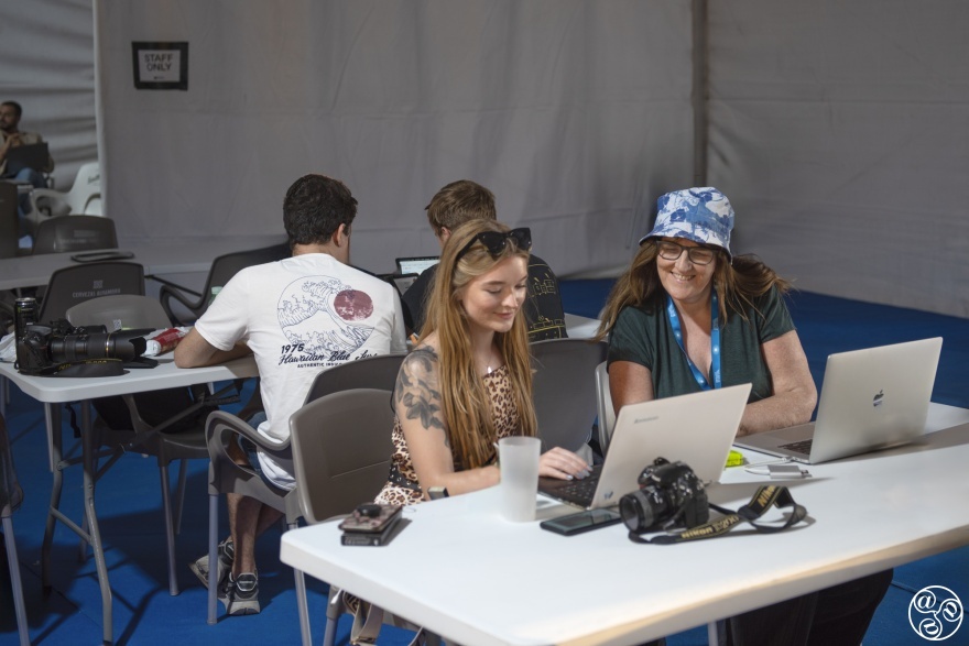   Michelle Chaplow and Alex Cutts in the press tent creating content for Andalucia.com. 