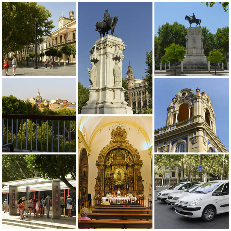  Photos Clockwise. Seville town hall, Statue of King Fernando © Michelle Chaplow