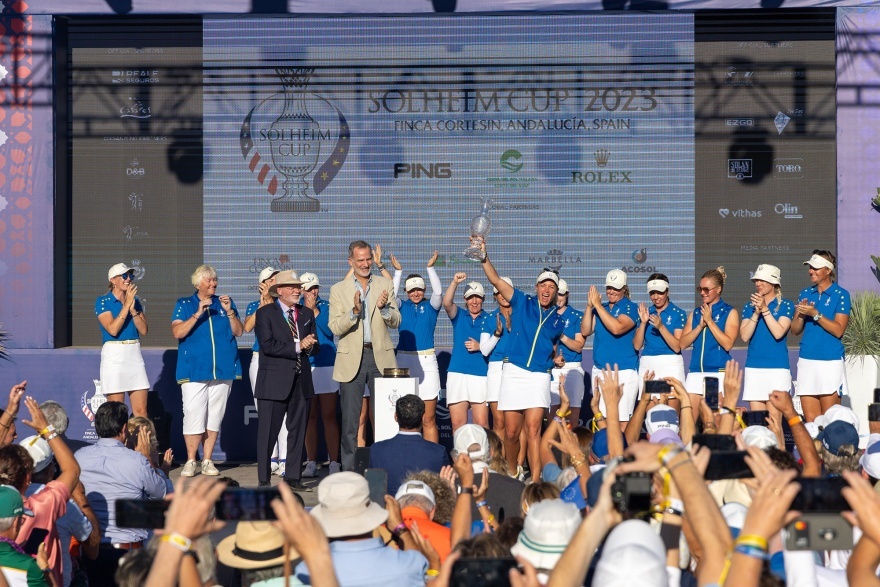 King Felipe and  and John A Solheim presented the Solheim Cup to the European Team ©Solheim