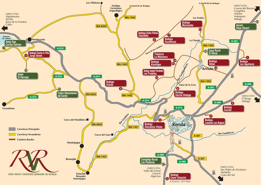 Map of the wineries in the Serrania de Ronda
