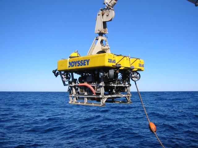 Odysseys Remotely Operated Vehicle (ROV), ZEUS, Launched for Descent to the Ocean Floor  ©Shipwreck.net