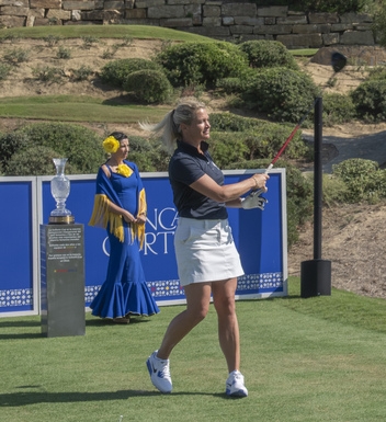 Suzann Petersen, European Captain for the Solheim cup, testing out the new first hole for the forthcoming 2023 Solhiem cup © Michelle Chaplow