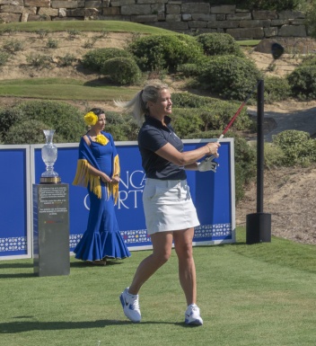Suzann Petersen, European Captain for the Solheim cup, testing out the new first hole for the forthcoming 2023 Solhiem cup © Michelle Chaplow