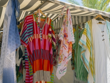 Colourful fabrics at the Sotogrande Market © Michelle Chaplow