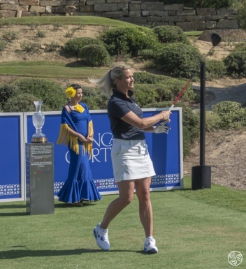 Suzann Petersen, European Captain for the Solheim cup, testing out the new first hole for the forthcoming 2023 Solhiem cup © Michelle Chaplow