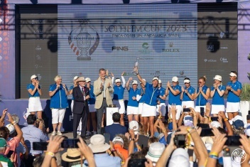 King Felipe and  and John A Solheim presented the Solheim Cup to the European Team ©Solheim