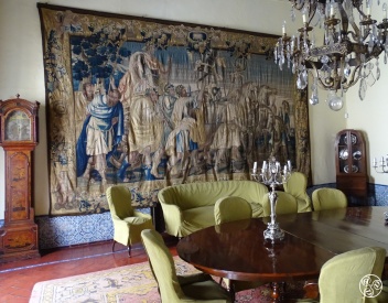 Dining room of Palacio Bucarelli in Seville with 17th century Flemish tapestry.