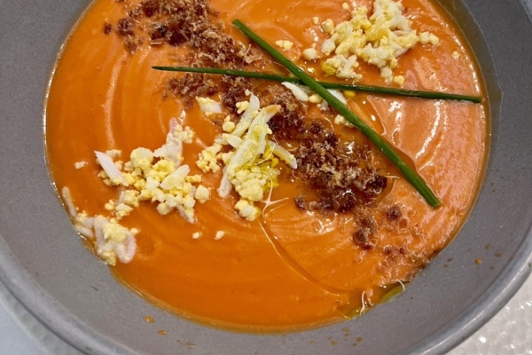 Salmorejo with traditional garnish of finely chopped boiled eggs and ham © Michelle Chaplow