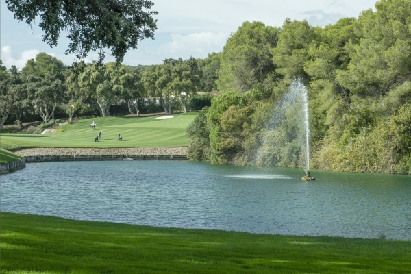 Serene view at Valderrama Golf Course, framed by ancient cork oak trees with a sparkling lake and fountain © Michelle Chaplow