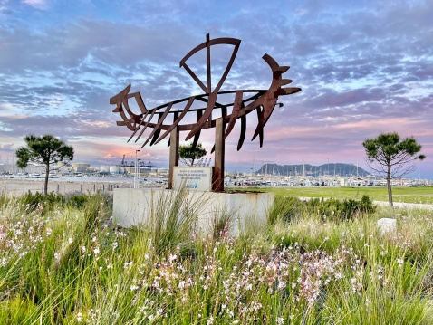 A sculpture in the Algeciras Marina - "The Bay of Algeciras the cradel of navigation for over 3,000 years". © Michelle Chaplow