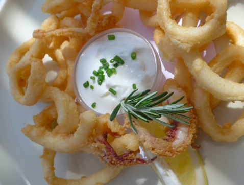  Feria food- 'Calamares fritos con ali-oli Andaluz'- Fried squid with Andalusian garlic mayonnaise. © Michelle Chaplow