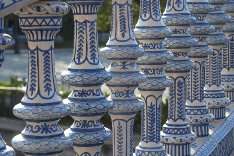 Blue-and-white ceramic tiles at Plaza de España in Seville, featuring traditional Andalusian patterns © Michelle Chaplow