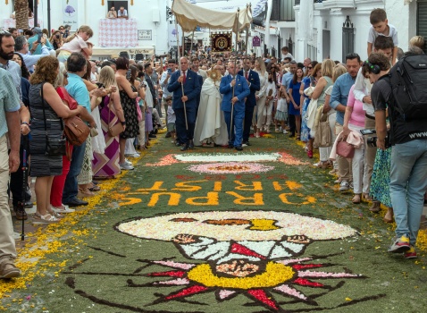 The priest leads the procession over the carpet of flowers and petals. © Michelle Chaplow