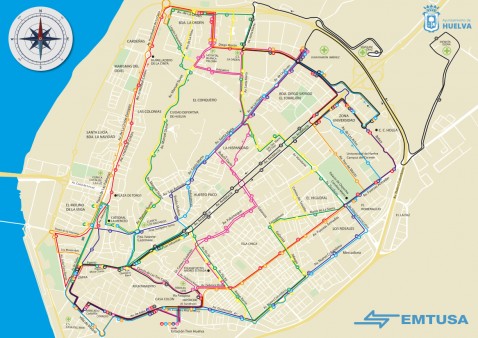 EMTUSA municipal bus map of Huelva city EMTUSA municipal bus map of Huelva city