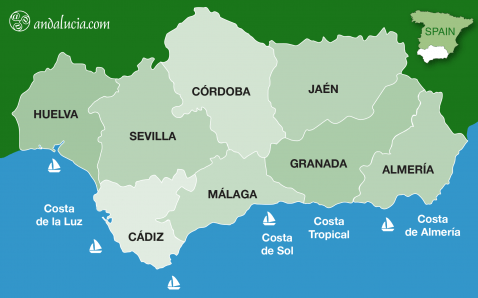 Map of Andalucia showing 8 provinces
