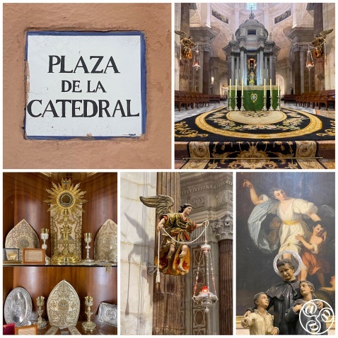 The main altar of the Cadiz Cathedral( Altar Mayor),  treasured artefacts in the display cases of the  sacristy (sacristia), An angel on the column of the main alter, the chapel dedicated to the guardian angel ( Capilla del Santo Ángel de la Guarda). © Michelle Chaplow
