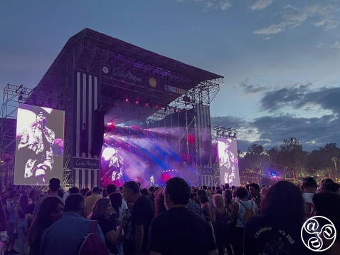 Duki, leading the new wave of Argentinian Rappers on the main Sunrise stage at sunset.  © Alex Cutts