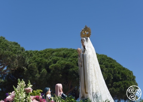 The procession winds its way through the scenic paths lined with umbrella pine trees,