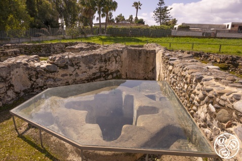 Paleochristian Basilica Vega del Mar  BAPTISM  The north chamber (baptistery) contains a font in the shape of a fish, at 1.1m deep enough to immerse a mature adult. Today is protected by a glass plate © Michelle Chaplow
