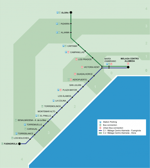 Malaga to Fuengirola train service map by RENFE 
